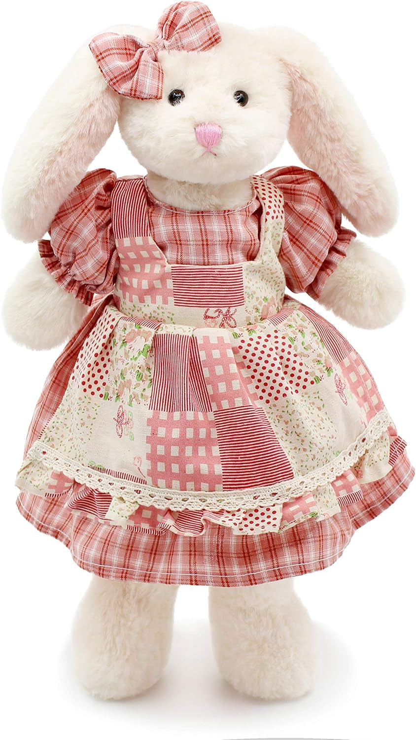 Small Soft Stuffed Animal Bunny Rabbit Plush Toy for Baby Girls 15Inch (White Rabbit Wearing Red Plaid Dress)